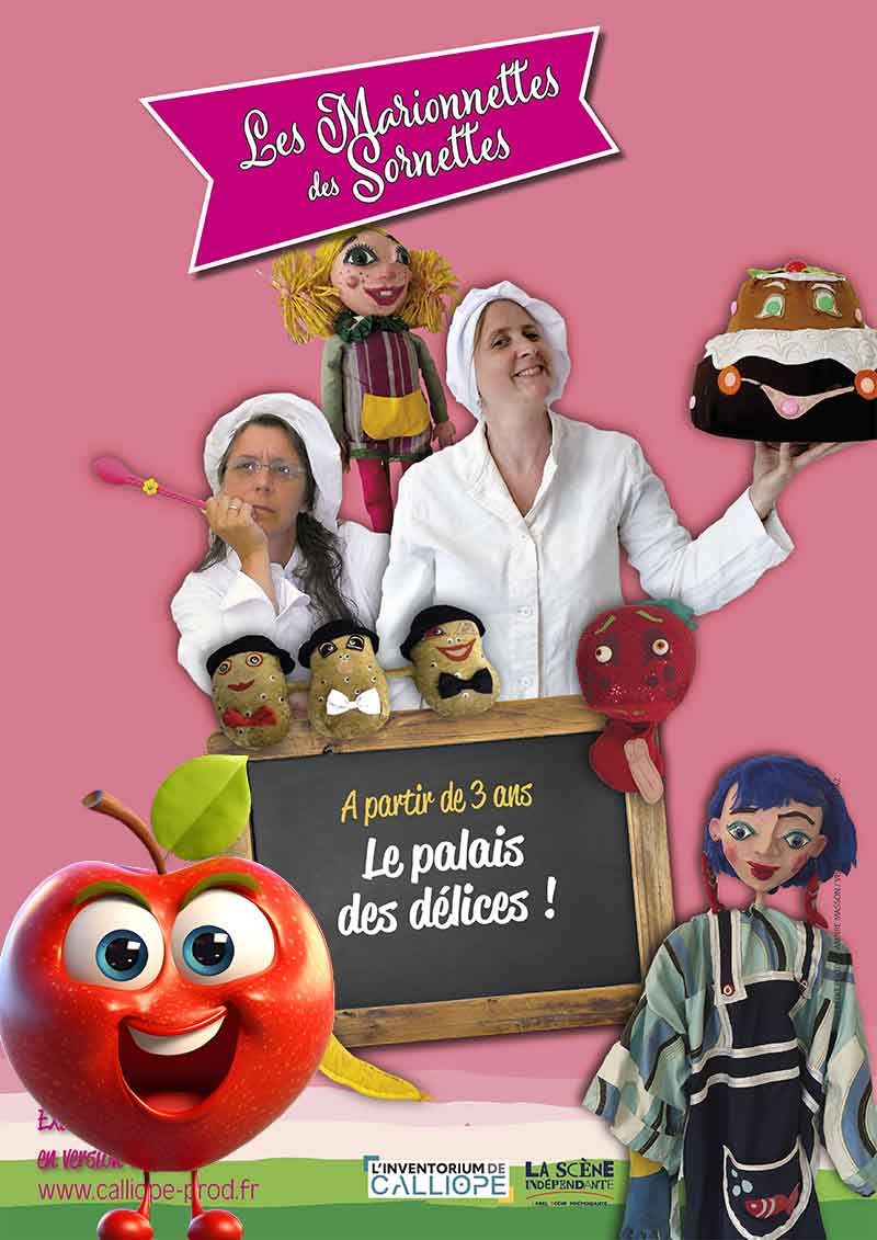 deux comédiennes en noir et blanc et des marionnettes en couleur